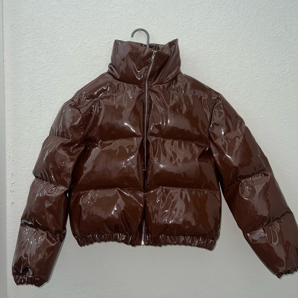 Faux patent brown, color, Puffer Jacket